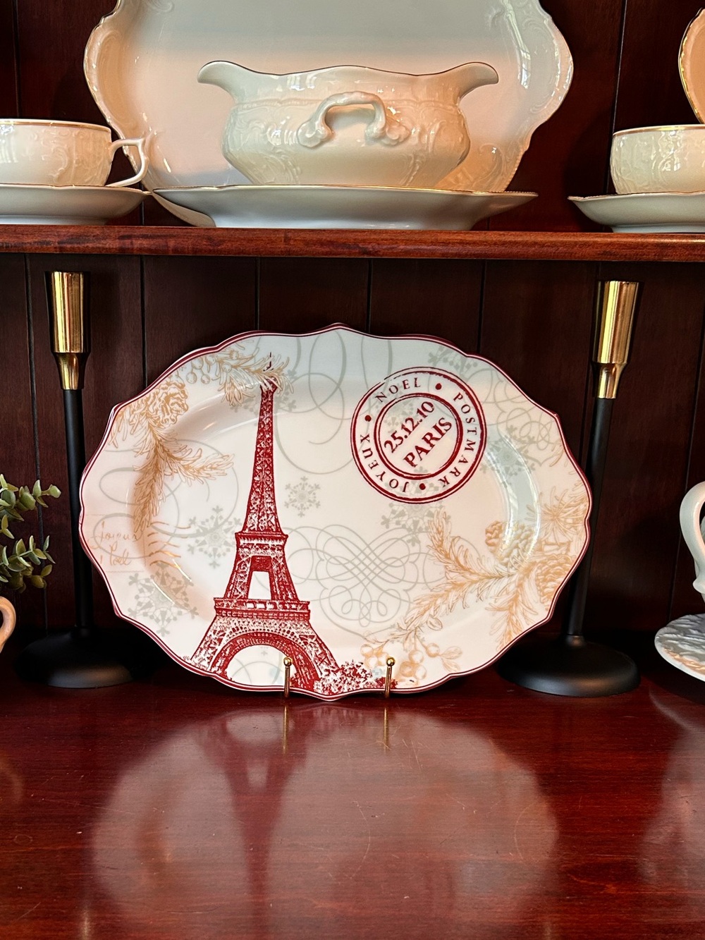 Joyeux Noel Gold Eiffel Tower 222 Fifth Dinner Platter Scalloped Edge 10.5"